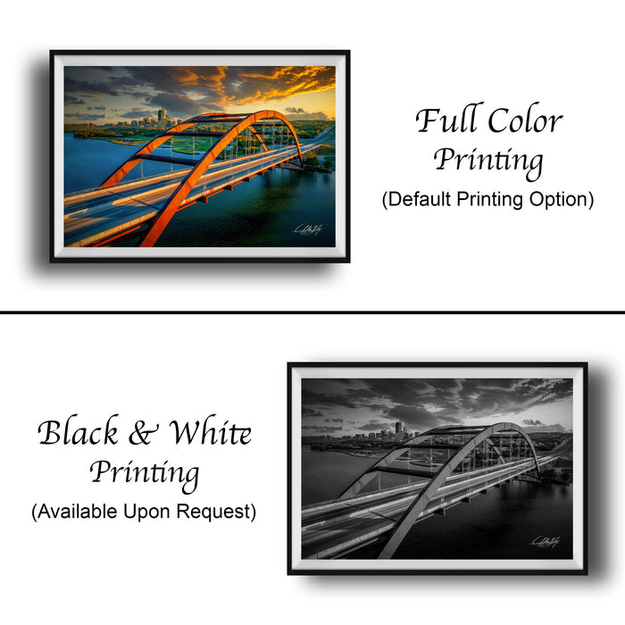 The image is a collage of two framed pictures. The top picture is a full color print of a bridge, while the bottom picture is a black and white print of the same bridge. Both pictures are framed and available upon request.