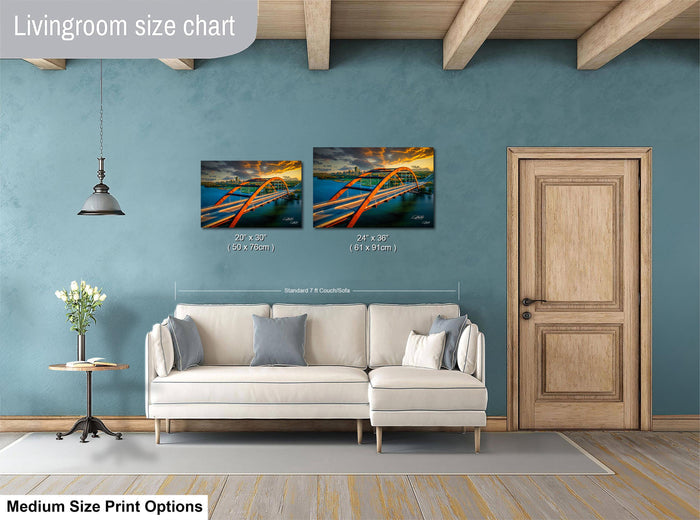 a living room with a white sofa, a wooden door, and a painting of a bridge on the wall. The painting is of medium size, and the sofa is of standard size. The living room has a minimalist and modern design.