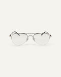 Face shot of Bonnie Clyde Autobio aviator optical frames in silver with clear lenses.