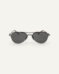Face shot of Bonnie Clyde Autobio aviator sunglasses in black with black lenses.