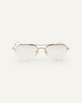 Face shot of Bonnie Clyde Autobio aviator optical frames in gold with clear lenses.