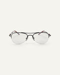 Face shot of Bonnie Clyde Autobio aviator optical frames in black with clear lenses.