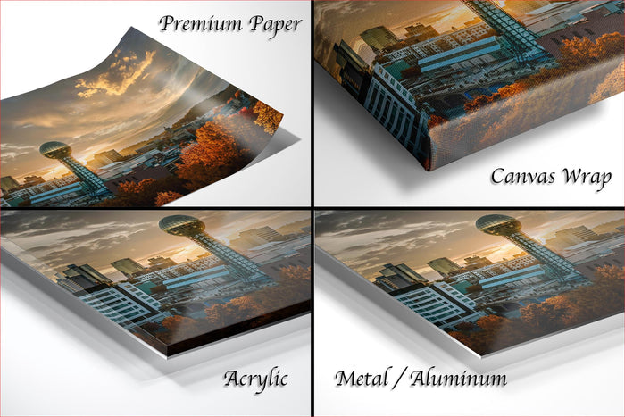 The image is a collage of four different views of a city skyline at sunset, each with a different finish: "Premium Paper", "Canvas Wrap", "Acrylic", and "Metal/Aluminum".