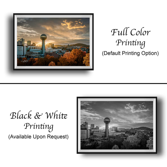 The image is a collage of two framed photographs. The top photograph is a full color print of a city skyline at sunset, while the bottom photograph is a black and white print of the same city skyline. Both photographs are framed and available upon request.