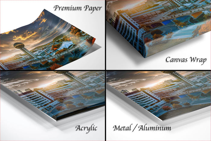 four different views of a cityscape, each with a different type of paper or material covering it. The top left image is a "Premium Paper", the top right image is a "Canvas Wrap", the bottom left image is an "Acrylic", and the bottom right image is a "Metal/Aluminum".