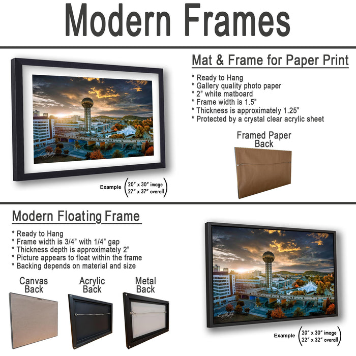 The image is a collage of two framed pictures, one of a cityscape and the other of a sunset. The collage is presented in two different frame types: a modern floating frame and a modern hanging frame.