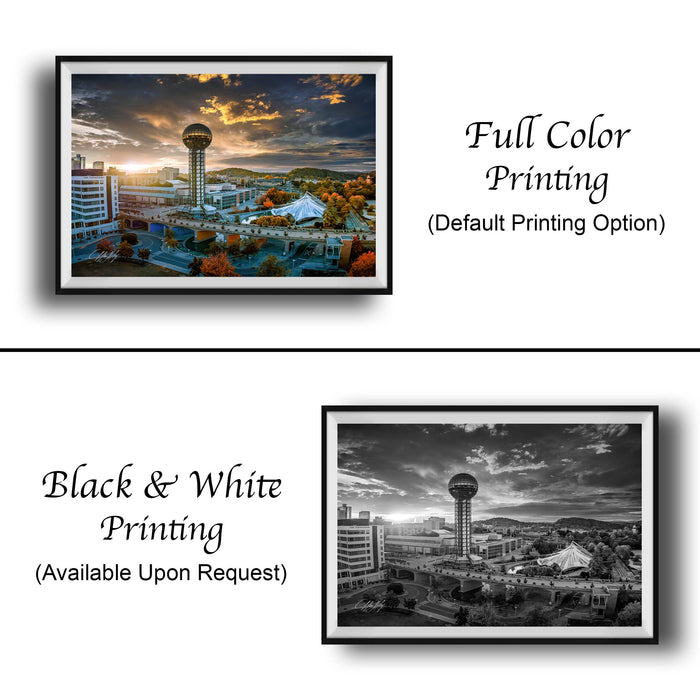 The image is a collage of two framed photographs. The top photograph is a full color print of a cityscape with a tower, while the bottom photograph is a black and white print of the same cityscape. Both photographs are framed and available upon request.