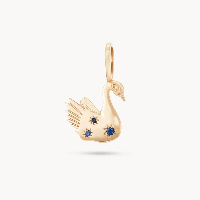 Baby Blu Swan Charm Engraveable in 10k yellow gold with blue sapphires, alternate angle detail view 2