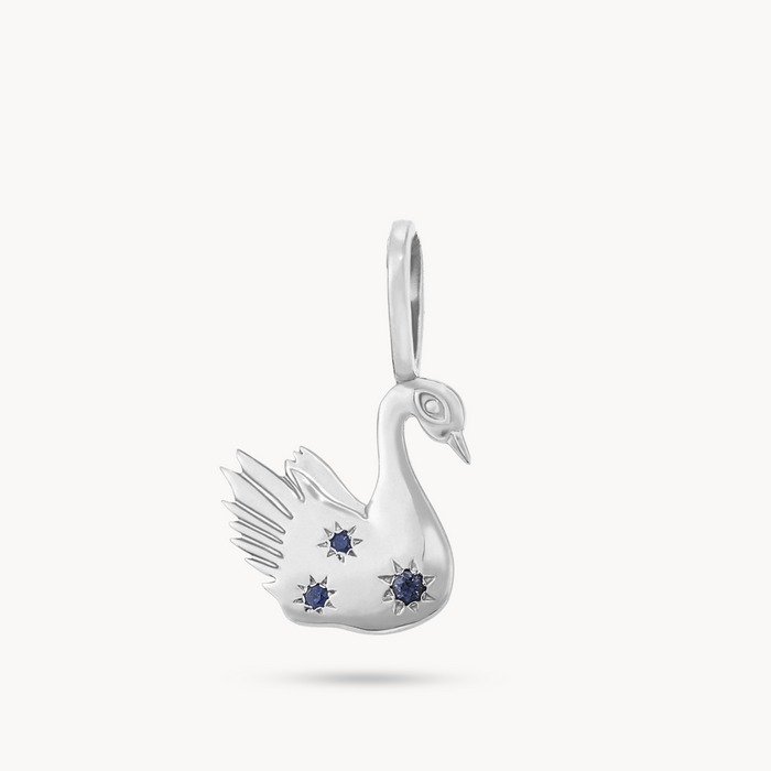 baby blu swan charm engraveable - sterling silver, blue sapphires