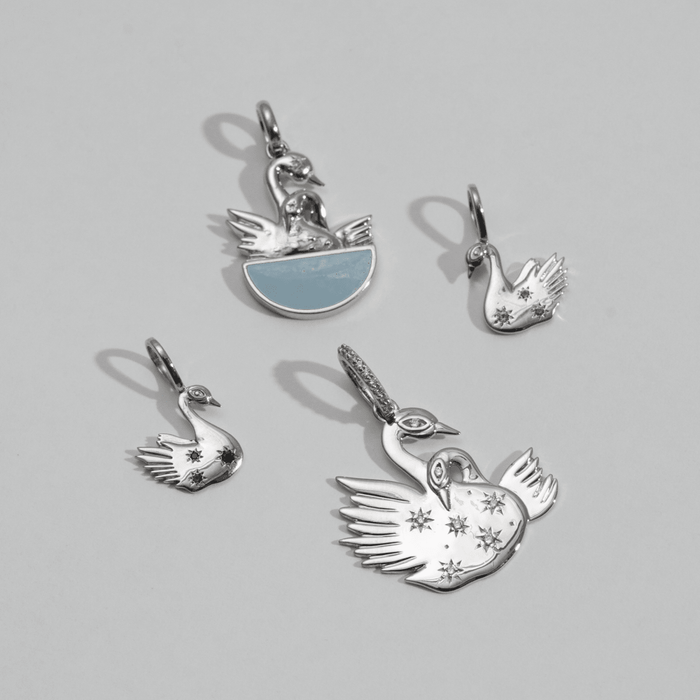 baby blu swan charm engraveable - sterling silver, blue sapphires