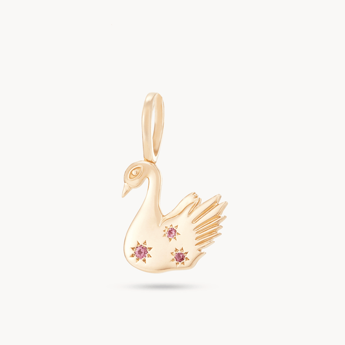 Baby Pink Swan Charm Engraveable in 10k yellow gold with pink sapphire
