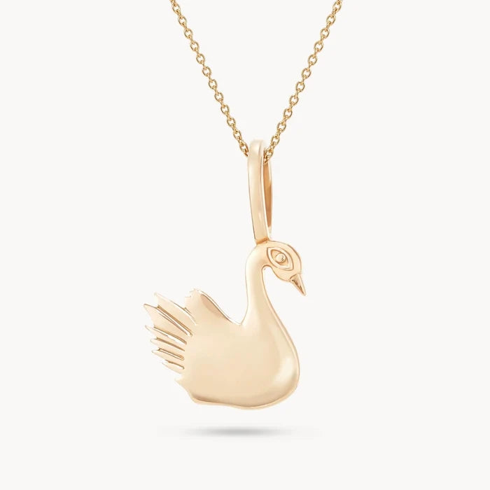 Baby Pink Swan Charm Engraveable in 10k yellow gold with pink sapphire, alternate angle detail view 2