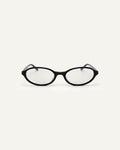 Face shot of Bonnie Clyde Baby oval optical frames in black with clear lenses.