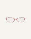Face shot of Bonnie Clyde Baby oval optical frames in layered pink with clear lenses.