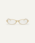 Face shot of Bonnie Clyde Baby oval optical frames in layered off white with clear lenses.
