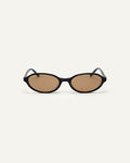 Face shot of Bonnie Clyde Baby oval sunglasses in black with brown lenses.