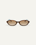 Face shot of Bonnie Clyde Baby oval sunglasses in layered teal demi with brown gradient lenses.