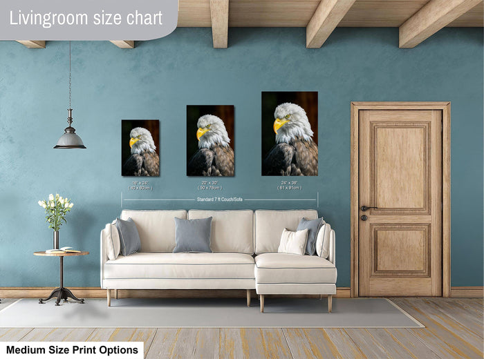 a living room with a white sofa and a wooden door. Above the sofa, there is a livingroom size chart that provides the dimensions of the artwork in relation to the sofa.