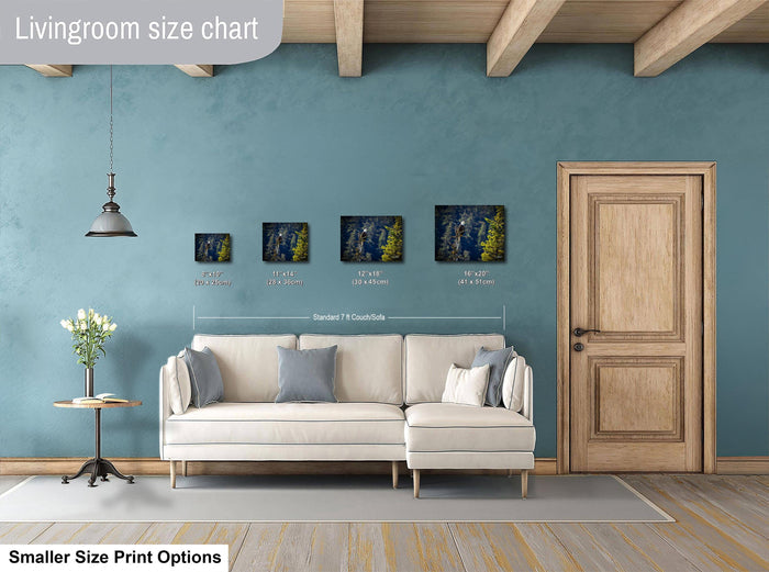 a living room with a white sofa, a wooden door, and a hanging light fixture. Above the sofa, there is a size chart indicating the dimensions of the artwork displayed on the wall.