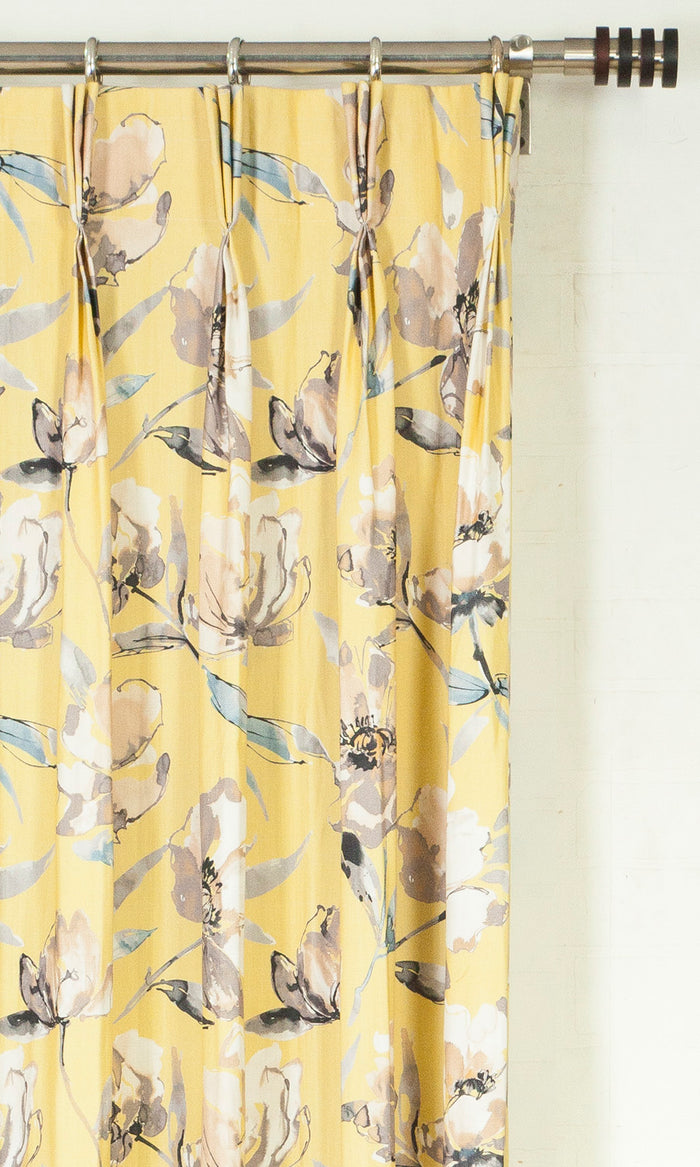 Floral Cotton Pinch Pleat, Rod Pocket, Eyelet Curtains (Yellow)