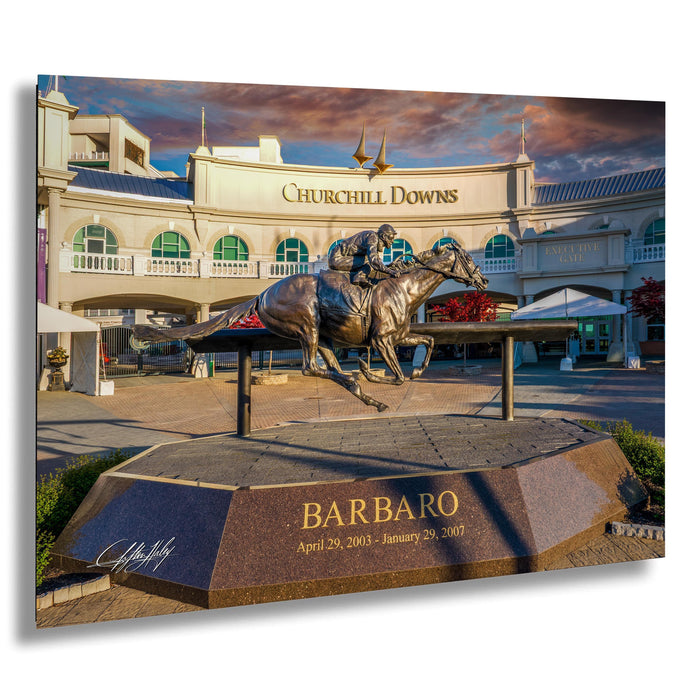 Churchill Downs wall art, Barbaro statue photo print, Kentucky Derby horse racing, Louisville sunset decor, famous racetrack artwork, thoroughbred horse tribute, bronze horse statue picture, iconic equestrian image, legendary racehorse photography, closed track fine art print, sunset at Churchill Downs, inspirational horse art, Kentucky equine decor, historic Louisville landmark, horse lover’s gift print