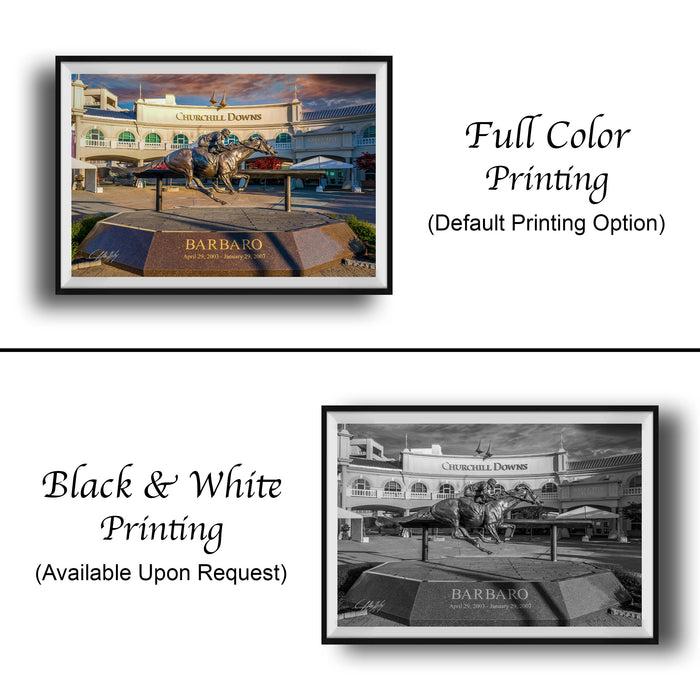 The image is a collage of two framed pictures, one in black and white and the other in color. The black and white picture depicts a horse and rider, while the color picture shows the same scene with a horse and rider. Both pictures are labeled as "Full Color Printing" and are available upon request.