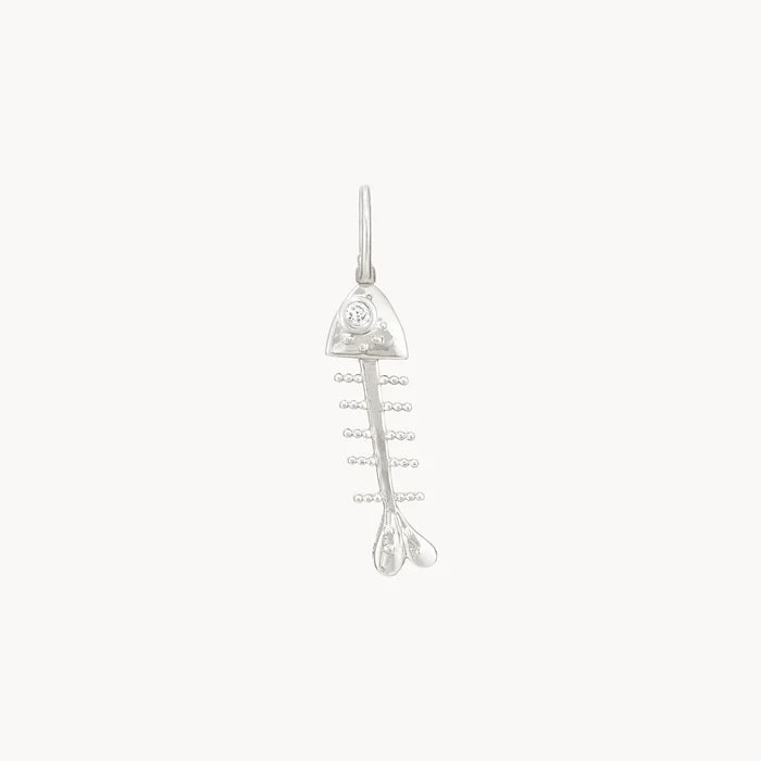 bare bones fish necklace charm sterling silver on white background