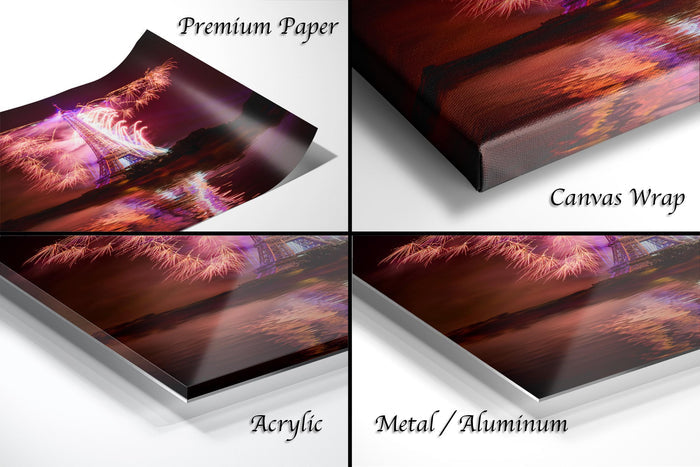 The image is a collage of four different views of a printed artwork, including a close-up of the paper, a close-up of the canvas wrap, and three different perspectives of the artwork itself.