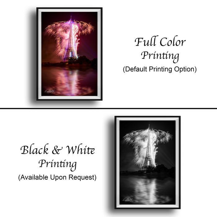 The image is a collage of two framed pictures. The top picture is a full color print of the Eiffel Tower with a fireworks display, while the bottom picture is a black and white print of the same Eiffel Tower with a fireworks display. Both pictures are framed and available upon request.