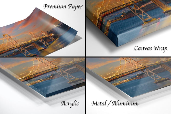 The image is a collage of four different views of a bridge at sunset, each with a different material or finish, including acrylic, metal, and aluminum.