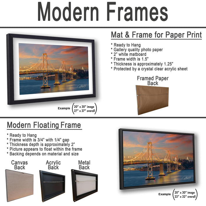 The image is a collage of two framed pictures, one of a bridge and one of a sunset. The bridge picture is framed in a modern floating frame, while the sunset picture is framed in a modern hanging frame.