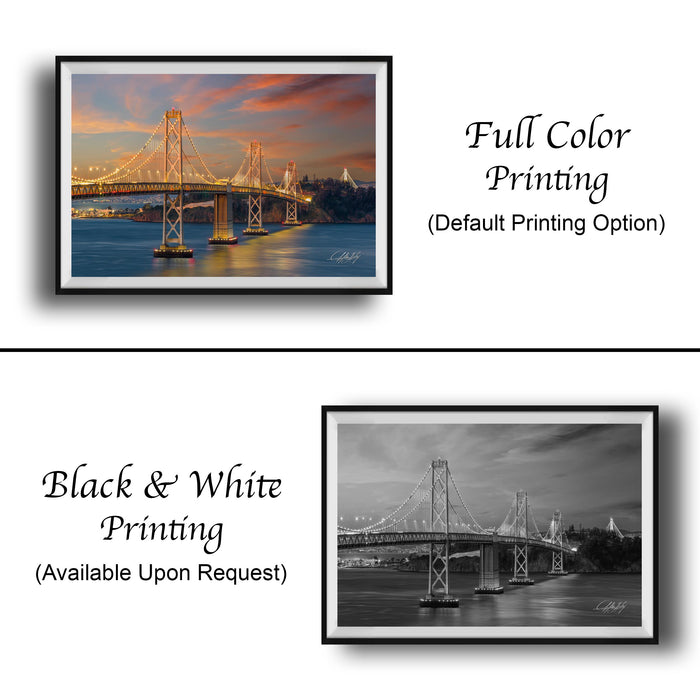 The image is a collage of two framed pictures. The top picture is a full color print of a suspension bridge at sunset, while the bottom picture is a black and white print of the same bridge. Both pictures are framed and available upon request.