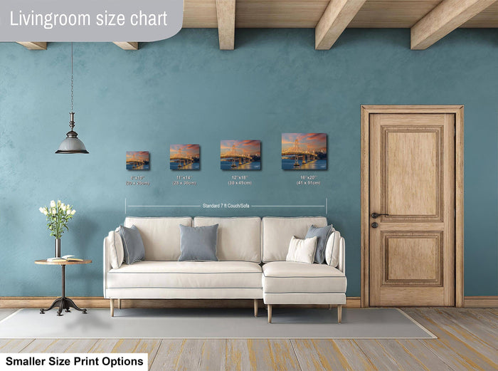 a living room with a white sofa, a wooden door, and a hanging light fixture. There are three framed prints of the same size displayed on the wall, indicating the size chart for the living room.