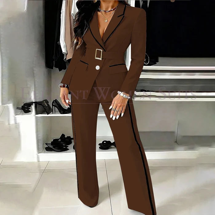 Belted 2-Piece Blazer & Wide-Leg Trouser Set | Formal Office Suit