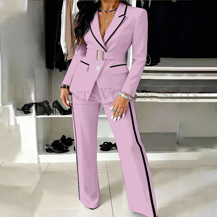 Belted 2-Piece Blazer & Wide-Leg Trouser Set | Formal Office Suit