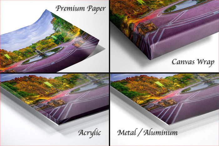 The image is a collage of four different views of a landscape, including a park, a road, a pond, and a forest. The collage is labeled as "Premium Paper", "Canvas Wrap", "Acrylic", and "Metal/Aluminum".