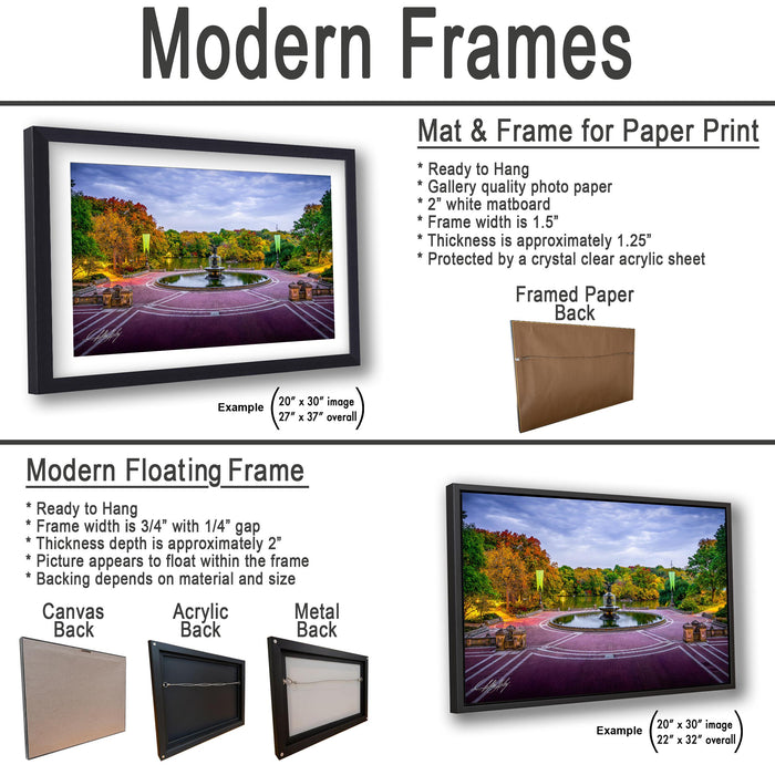 The image is a collage of two framed pictures, one of a park scene and the other of a city street. The collage features a mat and frame for a paper print, a modern floating frame, and a framed paper back. The mat and frame are ready to hang, and the modern floating frame is made of acrylic and metal. The collage includes examples of mat and frame sizes, such as 20" x 30" and 22" x 32" sizes.