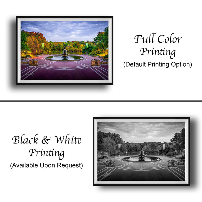 The image is a collage of two framed pictures. The top picture is a full color print of a park with a fountain and trees, while the bottom picture is a black and white print of the same park. Both pictures are framed and available upon request.