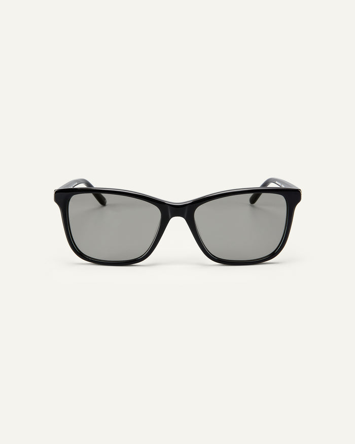 Face shot of Bonnie Clyde Bicep sunglasses in black with grey lenses.