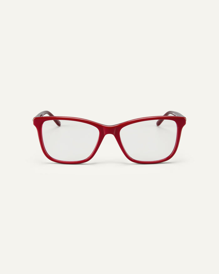 Face shot of Bonnie Clyde Bicep optical frames in layered red with clear lenses.