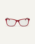 Face shot of Bonnie Clyde Bicep optical frames in layered red with clear lenses.