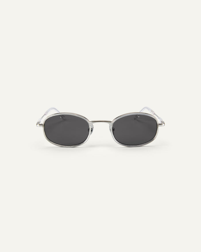Face shot of Bonnie Clyde Bicycle sunglasses in silver with black lenses.