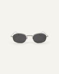 Face shot of Bonnie Clyde Bicycle sunglasses in silver with black lenses.