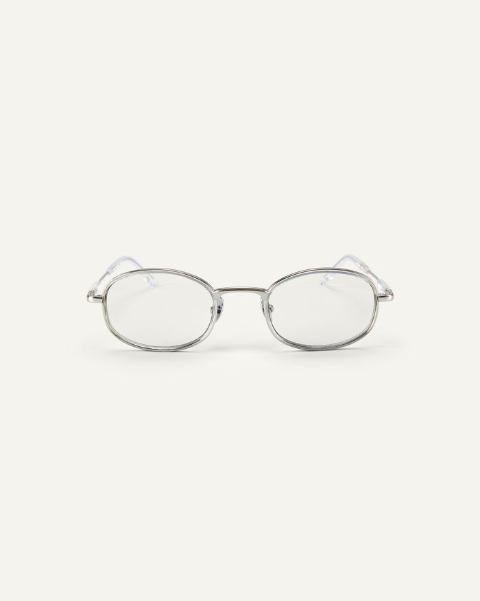 Face shot of Bonnie Clyde Bicycle optical frames in silver with clear lenses.