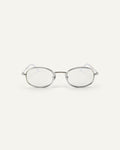 Face shot of Bonnie Clyde Bicycle optical frames in silver with clear lenses.