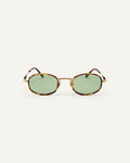 Face shot of Bonnie Clyde Bicycle sunglasses in gold and tortoise with green lenses.