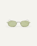 Face shot of Bonnie Clyde Bicycle sunglasses in silver with green lenses.