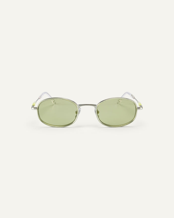 Face shot of Bonnie Clyde Bicycle sunglasses in silver with green lenses.