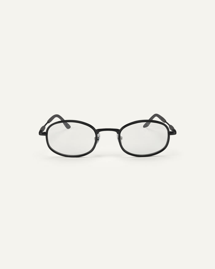 Face shot of Bonnie Clyde Bicycle optical frames in grey with clear lenses.