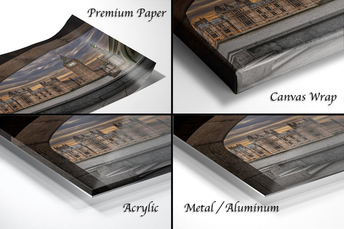 The image is a collage of four different views of a cityscape, including a premium paper print, a canvas wrap, an acrylic print, and a metal/aluminum print.
